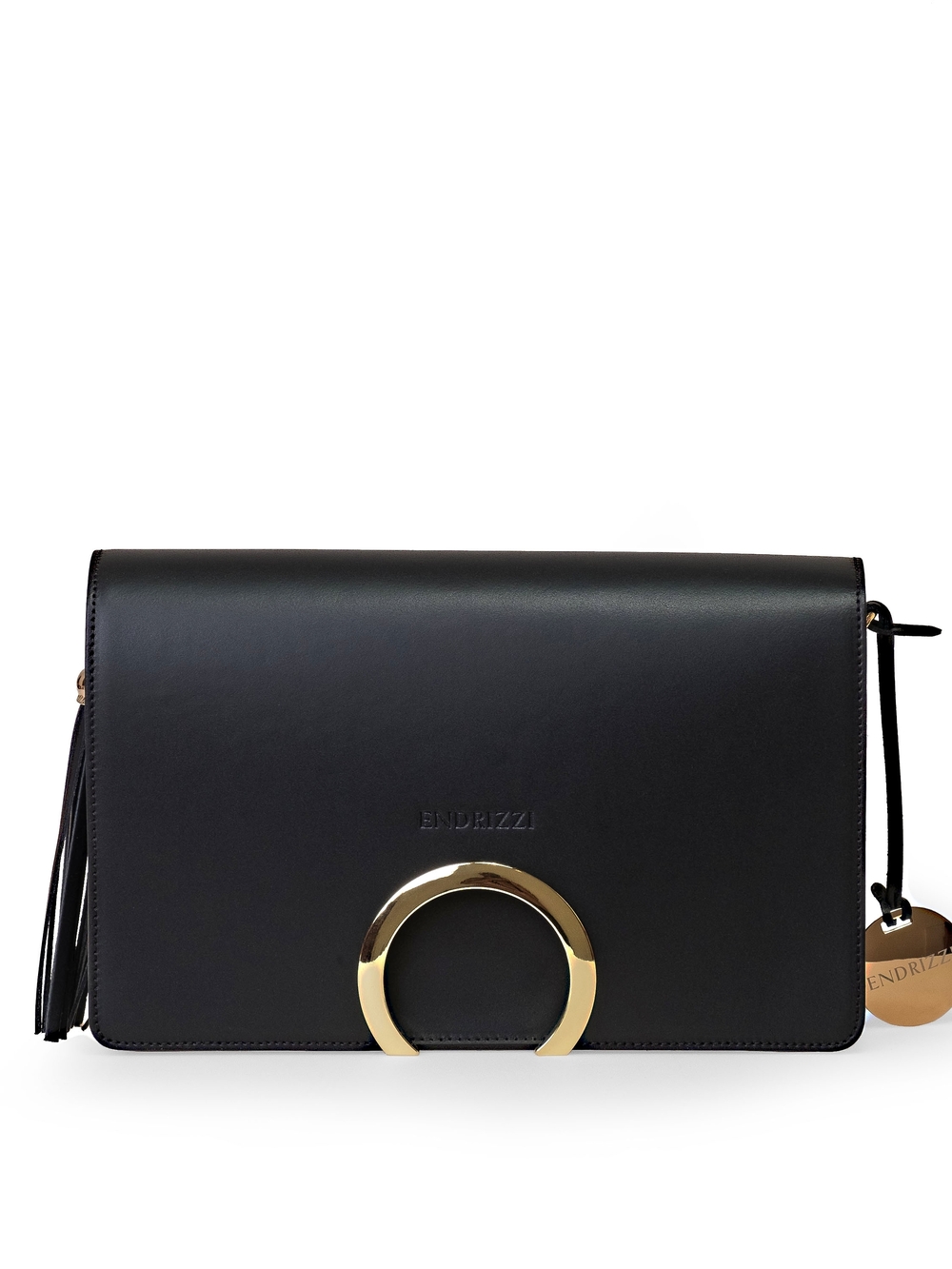 Black Leather Crossbody with Gold Ring Accent